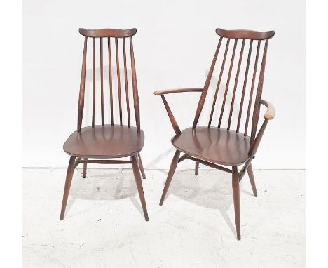 Set of five dark elm Ercol seated and beech framed stick-back chairs including two carvers (5)