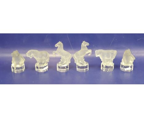 Six glass models of animals, each frosted with clear glass bases, comprising a pair of Goebel rearing horses, 13.5cm high, a 