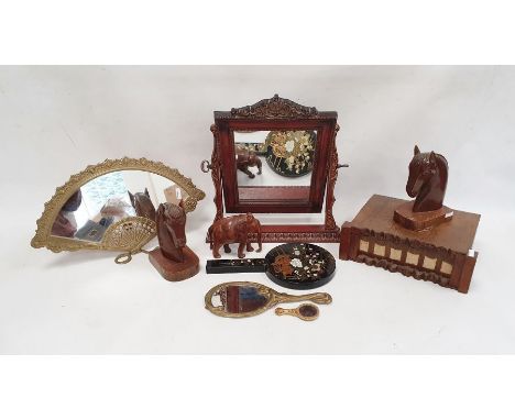 Quantity of vintage combs, a pair of carved wooden bookends modelled as horses, hand mirrors, a wooden box and contents of bu