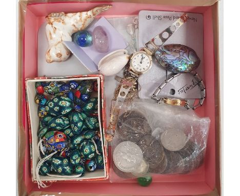 Timex and Ingersoll lady's wristwatch, silver cross pendant, assorted coins, beaded necklace etc (1 box)&nbsp;