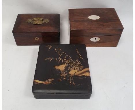 Three assorted boxes to include a 19th century rosewood and mother of pearl inlaid box, Japanese black lacquer with gilt deco