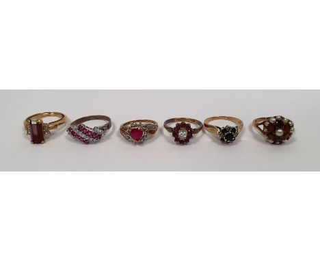 9ct gold garnet and pearl cluster ring&nbsp;(one pearl missing), 9ct gold sapphire and white stone cluster ring set four smal