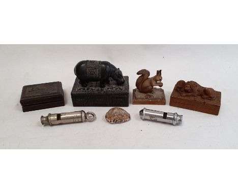 Quantity of assorted coins, notes and stamps, mainly cents and pennies, a geometry set, a carved wood box, a trinket box with