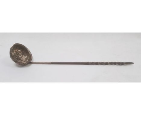 Silver-coloured mounted ladle inset with George II coin and repousse decorated, with turned handle