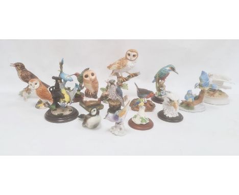 Large quantity of bird ornaments including a Beswick model of a barn owl, 11.5cm high, a Goebel model of a song thrush on bra