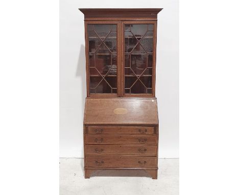 Late 19th/early 20th century mahogany satinwood-banded bureau bookcase, moulded cornice above two astragal glazed doors, encl