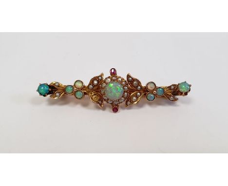 Gold seed pearl and opal set bar brooch leaf decorated, (unmarked), 4.5g in total approx.&nbsp;