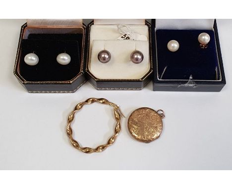 Three pairs cultured pearl earrings, each boxed, single 9ct gold hoop earring, spirally twisted, 1.5g and a gold coloured Edw