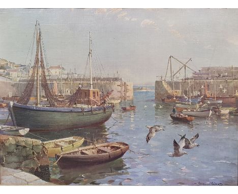 Oval mirror and a convex circular mirror in gilt frames and two framed prints of harbour scenes after Vernon Ward (4) 