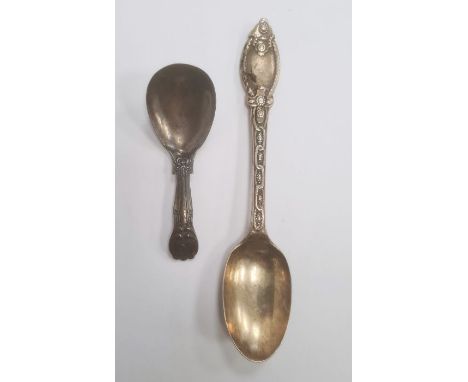 Victorian silver teaspoon, relief decorated, London 1863, maker's mark GA, 1ozt approx., a silver caddy spoon, marks worn and