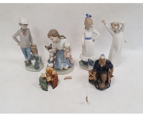 Lladro figure of a little girl with doll and kitten, Nao figures, a Chinese figure of a gentleman fishing and a group of thre