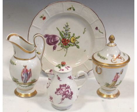 A Ludwigsburg plate, circa 1775, painted with flowers, 24cm diameter; an 18th century Vienna chocolate pot and cover, decorat