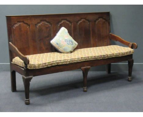 A late Georgian oak five-panel backed settle, 108 x 185 x 79cm
