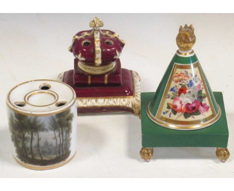 A Chamberlain's Worcester inkwell, painted with Waterloo Church, 6cm high; a Chamberlain's Worcester, of conical form painted