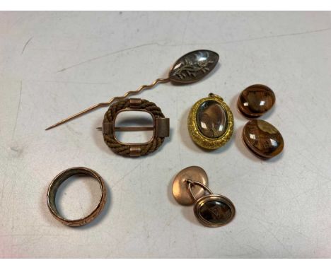 A memorial locket, together with a ring. a stick pin, a hair brooch, one cufflink, and a pair of shirt studs, all tested as 9