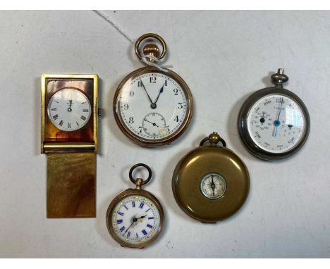 An open faced pocket watch stamped 14K, a gold plated open faced pocket watch, a brass compass, a base metal timer, and a min