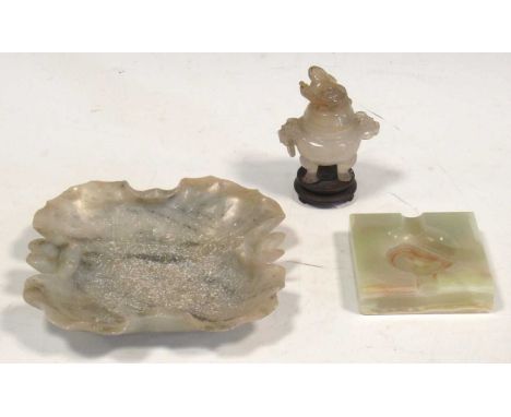 A jade two-handled koro, an onyx ashtray and a stoneware leaf shaped dish (3)All with natural faults. The onyx ashtray has ch