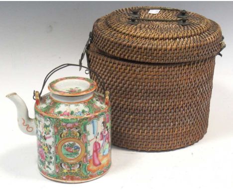 A Chinese canton porcelain teapot,  painted with figures 14cm high, in woven and lined case 20cm highThe case is damaged in m