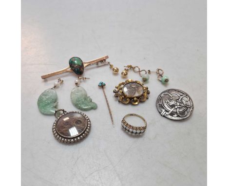 A hallmarked 9ct gold opal ring, a brooch stamped '9CT', a split pearl pendant stamped '9CT', a pair of ball ear studs stampe