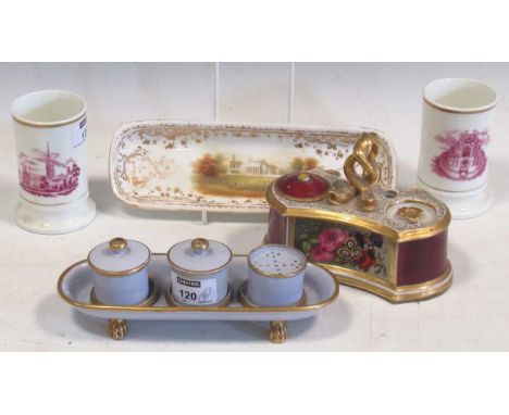 A Worcester Flight Barr &amp; Barr inkwell, 15cm wide; a Worcester pen dish, painted in the Saprks workshop with a view of Wi