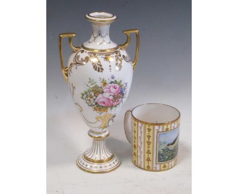 John McLaughlin for Country Work Studio, Derby, a two-handled pedestal vase, painted with flowers within elaborate gilt borde