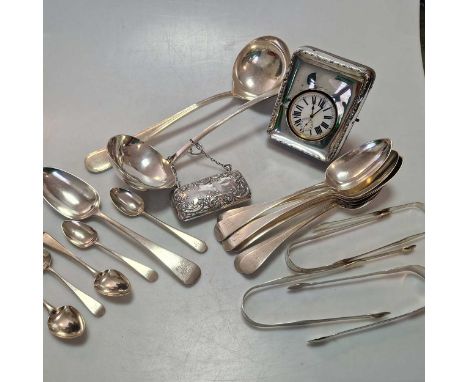 Some assorted silver flatware, 24.2ozt together with a silver plated ladle, a ladle, tests as silver, a base metal goliath po