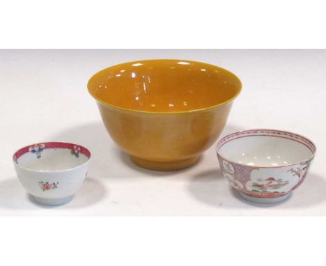 A Chinese mustard yellow ground bowl, in Kangxi style, 9.5cm high x 18cm diameter;together with a Chinese export mandarin bow