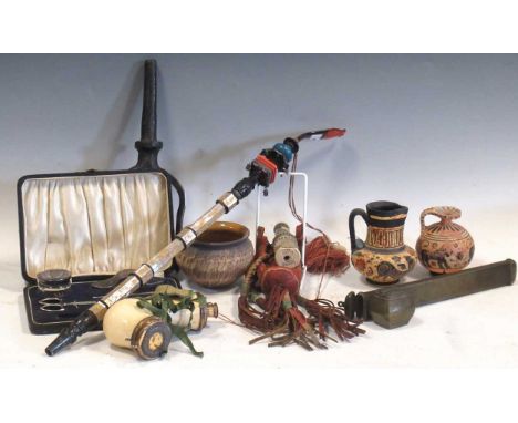 A mother of pearl mounted elaborate meerschaum pipe, Y shape metal gun support bracket, Persian brass scribe's pen case, etc
