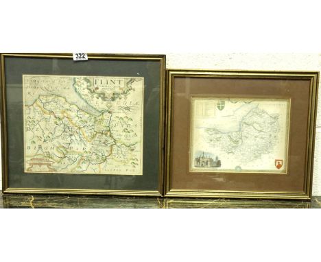 A hand coloured 19th century map of Somersetshire, 27 x 20 cm and a Christopher Saxton hand coloured antiquarian map of Flint