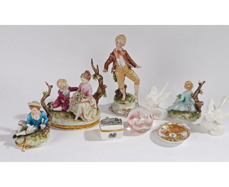 Four various Capo Di Monte figures, each in the form of children, the tallest 17.5cm, together with two Crown Staffordshire w