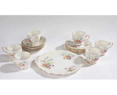 Queen Anne Old Country Spray pattern tea service, consisting of six tea cups and saucers, six side plates, sandwich plate (19