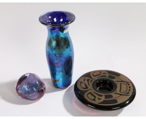 Caithness Pebble paperweight, Gozo Glass vase with blue mottled decoration, purple glass candle stand with stylised bird deco