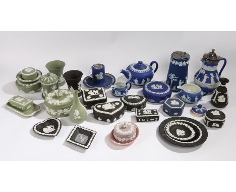 Collection of Wedgwood Jasper ware, in black, blue, and green, to include urns, teapot,  plates, vases, coffee pot, dishes, l