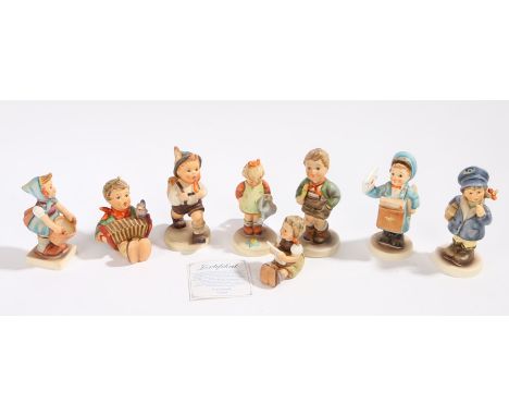 Collection of eight Goebel figures, to include 'Little Gardener', 'School Boy', 'Lets Sing', 'Postman', 'Little Miss Mail Car