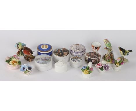 Five ceramic flower baskets, to include Coalport, Staffordshire, Adderley, together with four miniature bird figures, by Besw