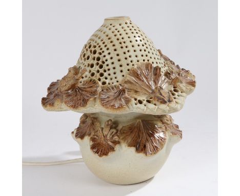 Bernard Rooke pottery table lamp and shade, having pierced shade and mounted with lily pads and frogs, 23cm high