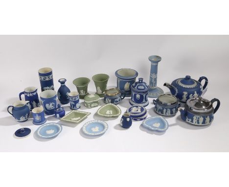 Collection of Wedgwood jasper ware, to include a a silver plate mounted three piece teaset, a candlestick, jugs and vases etc