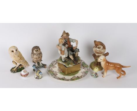 Two Royal Worcester birds, 'Blue Tit' and 'Wood Warbler', together with three various owls to include an Aynsley Scops owl, t