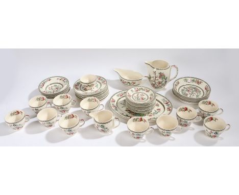 Johnson Brothers Indian Tree pattern part dinner and tea service, to include twelve teacups and saucers, eleven side plates, 