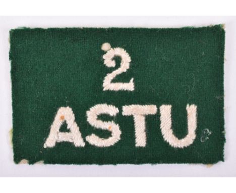 2 Army Selection Training Unit Cloth Formation Sign, green rectangle with white embroidered 2 ASTU to the centre. 