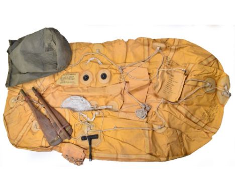 Royal Air Force Two Man Escape Dinghy, being a Mark 2 rubberised yellow inflatable raft complete with wooden paddles and hous
