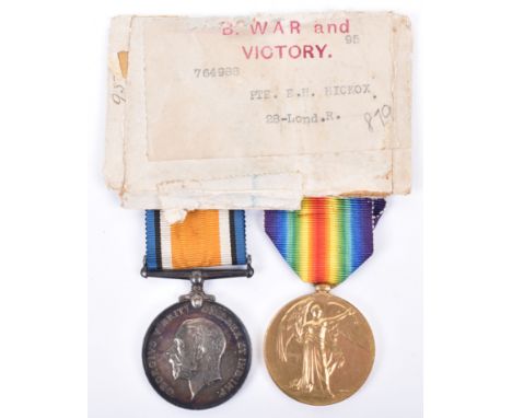 Great War Medal Pair 28th (Artists Rifles) London Regiment, consisting of British War and Victory medals awarded to “764988 P