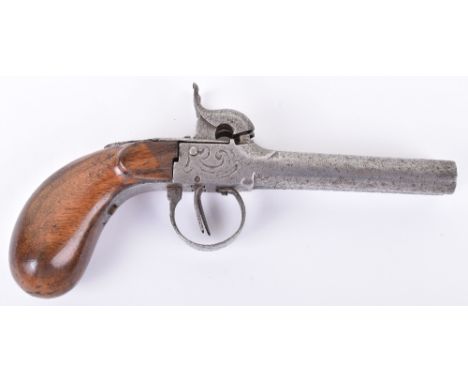 Belgian Double Barrel Boxlock Percussion Pocket Pistol, turn off barrels 3” Liege proved, foliate engraved frame, rounded woo