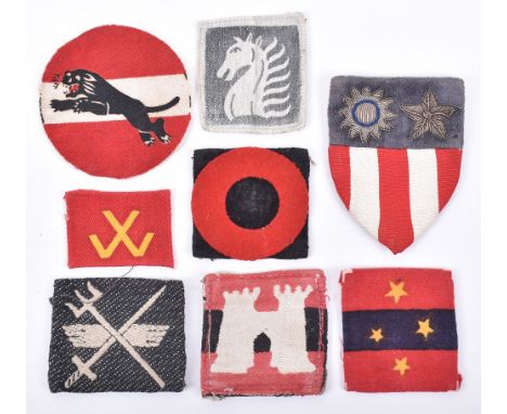 8x WW2 Indian Formation Signs, including cloth and bullion embroidered C.B.I patch, felt 72nd Indian Infantry Brigade, printe