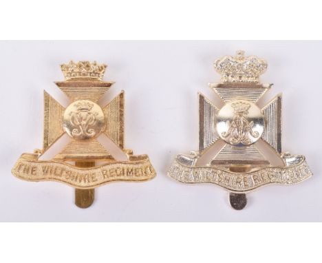 2x Variations of Wiltshire Regiment Anodised Cap Badges, including gold coloured example with Philip cipher having slider mad
