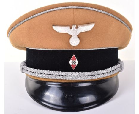 Third Reich Hitler Youth Leaders Peaked Cap, fine example being tan cloth wool top and black velvet central band. Crown and b
