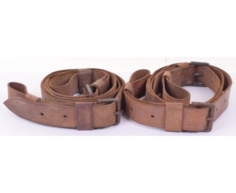 Pair of 1914 Dated British Army Stretcher Bearers Straps, brown leather examples with steel buckle fittings. Both stamped wit