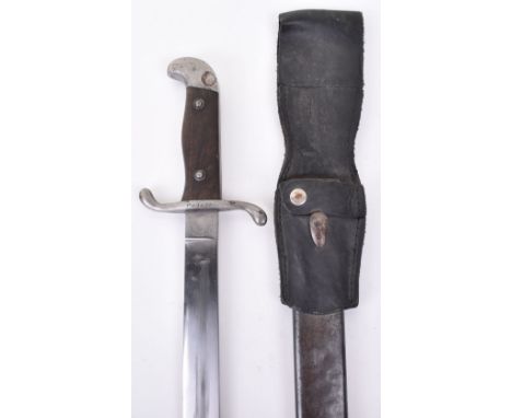 Argentina Model 1909 Bolo Sidearm, with two piece wooden grips, top pommel stamped RA within oval and lower cross guard stamp