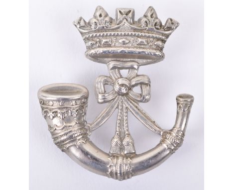 Scarce Victorian Duke of Cornwall’s Light Infantry Forage Cap Badge, white metal coronet above bugle with three lug fittings 