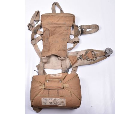 British Royal Air Force Irvin Parachute and Harness, good example of a seat type parachute and harness set with quick release